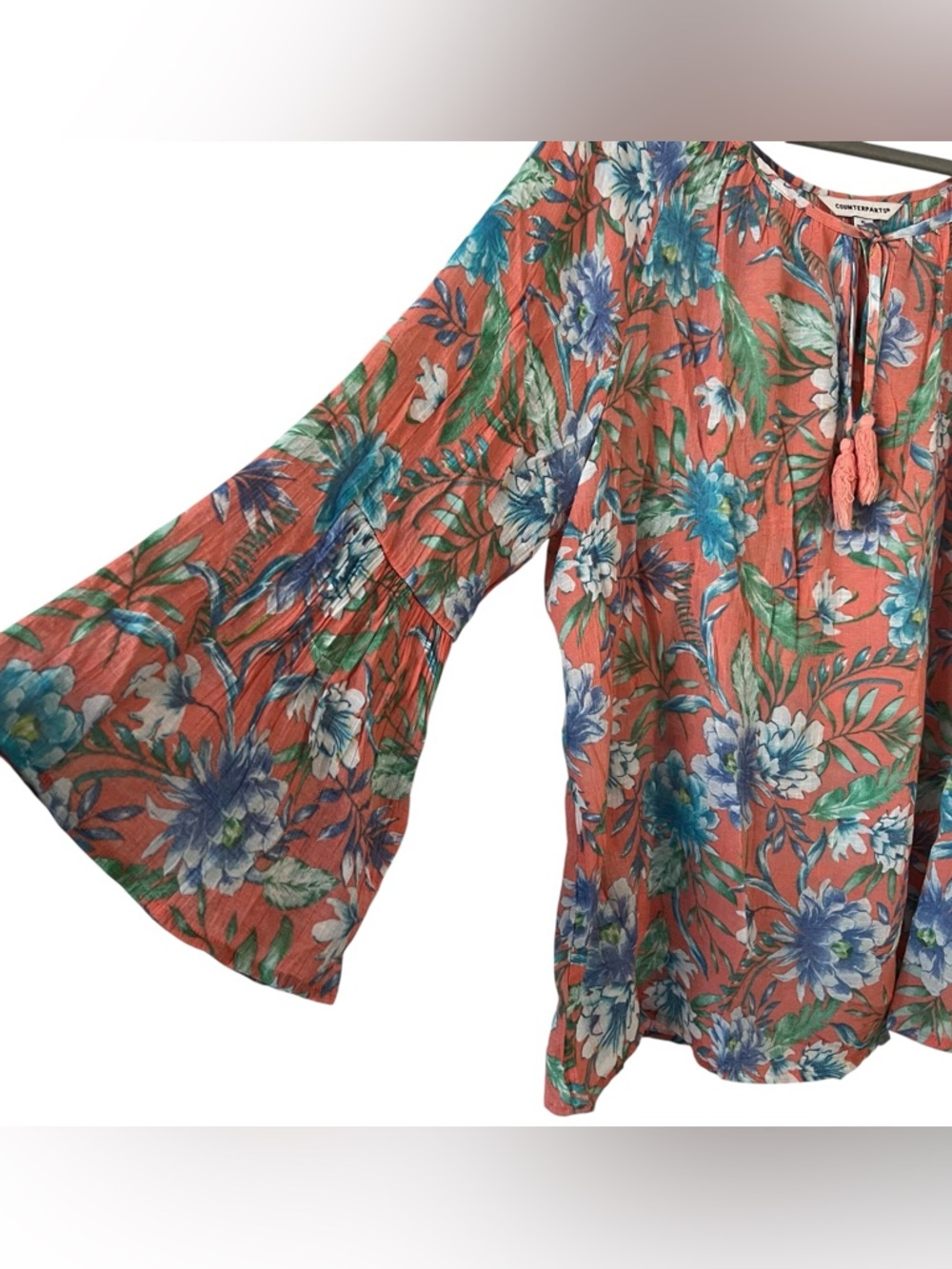 Counterparts Floral Boho Peasant Blouse Bell Sleeve Tassel Tie XL - Picture 3 of 9